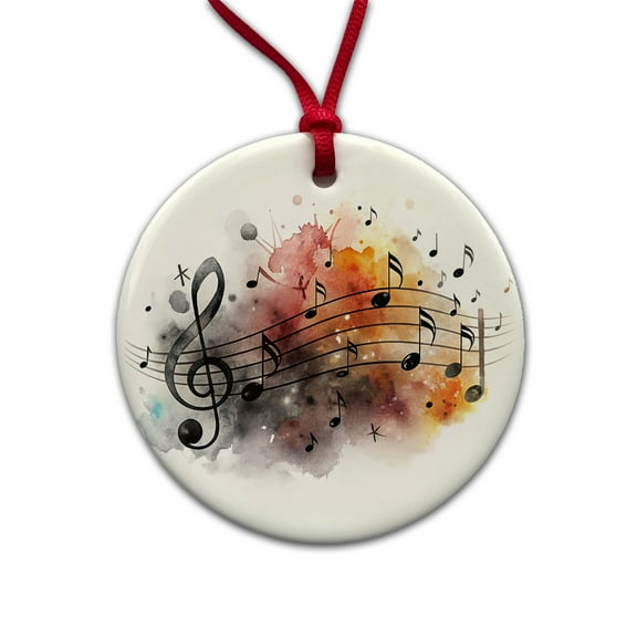 Music Musical Notes Treble Clef Watercolor Christmas Tree Holiday Round Ceramic Ornament