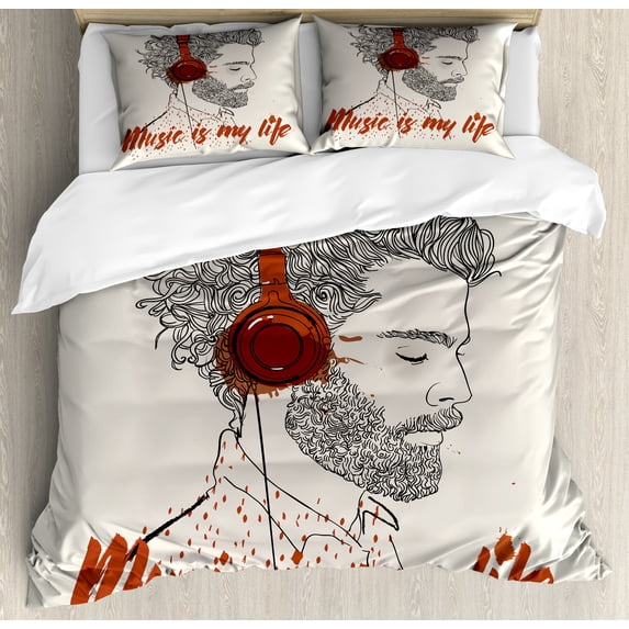 Music is My Life Duvet Cover Set, Hipster Man with Hair Listening to Music, Decorative 3 Piece Bedding Set with 2 Pillow Shams, Calking Size, Paprika Eggshell, by Ambesonne