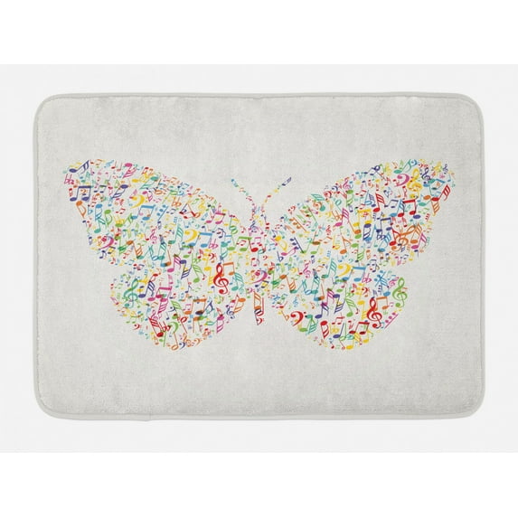 Music Note Bath Mat, Creative Butterfly Shape Formed with Energetic Music Notes Skillful Design, Plush Bathroom Decor Mat with Non Slip Backing, 29.5" X 17.5", Multicolor, by Ambesonne