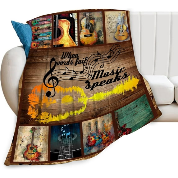 Music Note Blanket Vintage Guitar Throw Blanket Retro Music Stuff Plush Blanket Fleece Fuzzy Super Soft Warm Cozy Flannel for Couch Bed Sofa Gifts for Kids Teens Adult 80"x60"