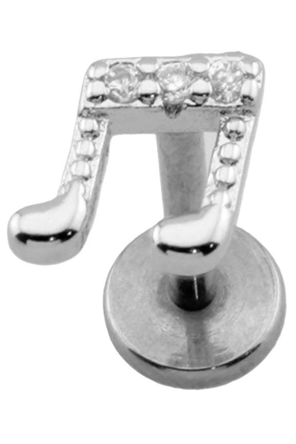 Music Note CZ Threadless Push-In Labret, 316L Surgical Steel, 18GA, 5/16" Length, Silver and Clear
