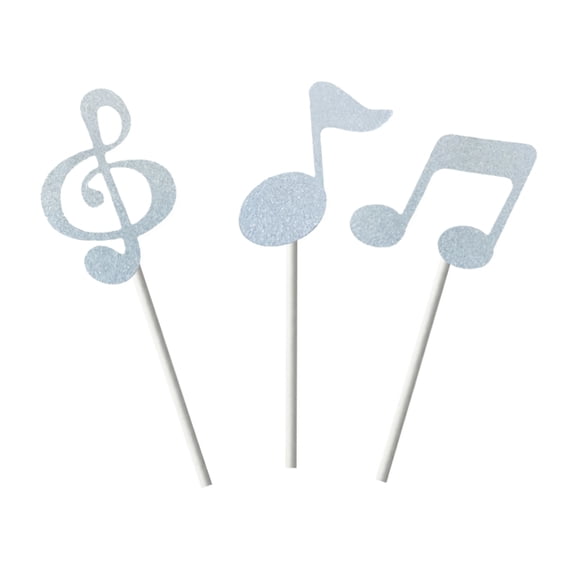 Music Note Cake Toppers, Silver Glitter, Set of 6 Pieces with Adhesive Dots and Wooden Sticks, DIY Decorations for Birthday Party Music Theme Celebration