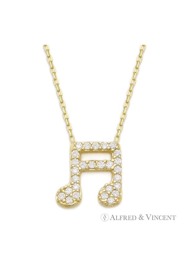 Music Note Charm CZ Crystal Pendant & Chain Necklace in .925 Sterling Silver