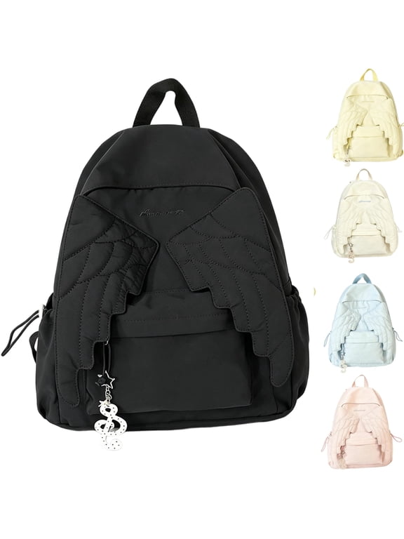 Music Note Charm Included Kawaii Cutecore Angel Wing Backpack Backpack with Wings Spacious School Backpack Novelty Sweet Daypack for Women,Black-B