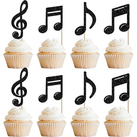 Music Note Cupcake Toppers, Black Glitter Treble Clef & Music Symbol Cupcake Picks, Musician/Concert Themed Party Cake Decorations, Pack of 12