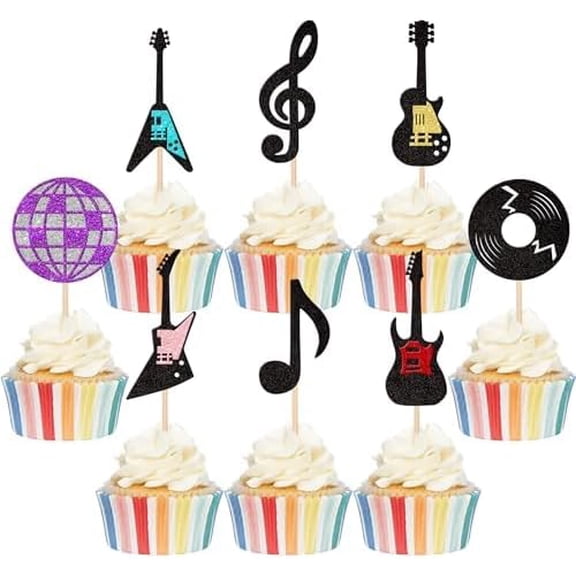 Music Note Cupcake Toppers, Glitter Guitar Rock and Roll Theme, Birthday Party and Baby Shower Cake Decorations, 8 PCS