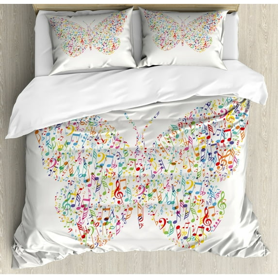 Music Note Duvet Cover Set Queen Size, Creative Butterfly Shape Formed with Energetic Music Notes Skillful Design, Decorative 3 Piece Bedding Set with 2 Pillow Shams, Multicolor, by Ambesonne