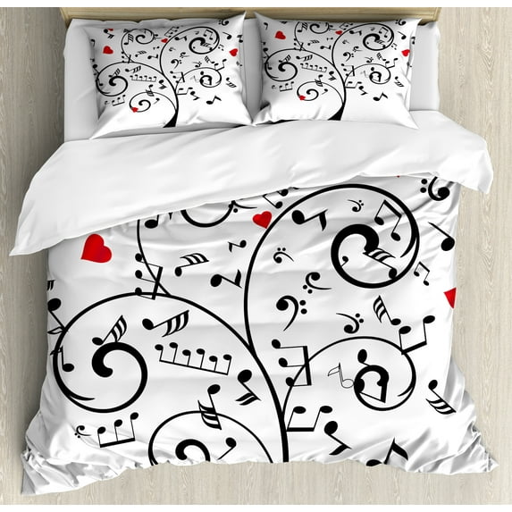 Music Note Duvet Cover Set, Romantic Tree with Hearts and Musical Details, Decorative 3 Piece Bedding Set with 2 Pillow Shams, King Size, Dark Pink Charcoal Grey, by Ambesonne