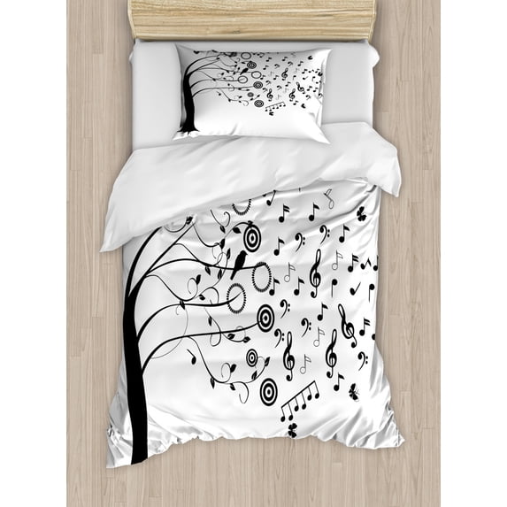 Music Note Duvet Cover Set Twin Size, Layout of Flowing Motifs Off of a Tree with Birds Humming on Branches, Decorative 2 Piece Bedding Set with 1 Pillow Sham, Charcoal Grey White, by Ambesonne