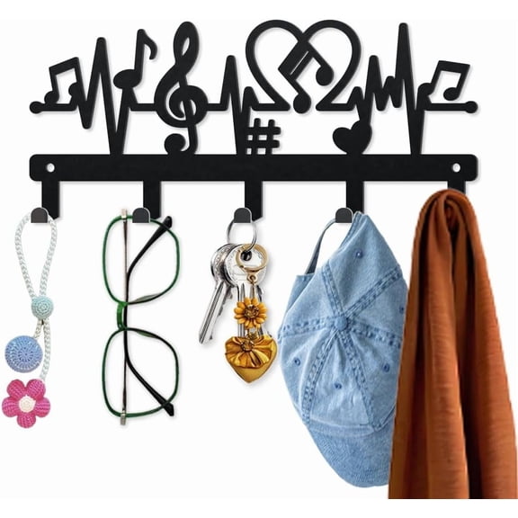 Music Note ECG Key Holder Wall Mount 4.39.8inch Heartbeat Rhythm Metal Key Hook Hanger with 5 Hooks Black Love Wall Decorative Key Rack for Entryway Hallway Kitchen Office Black
