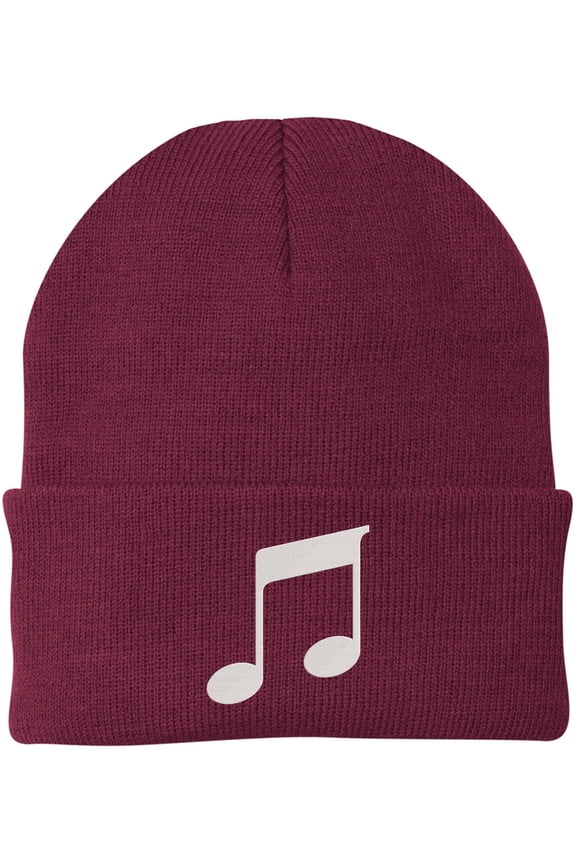 Music Note Embroidered Beanie Knit Cuffed Cap Music Lover Hat Musician Gift (Maroon)
