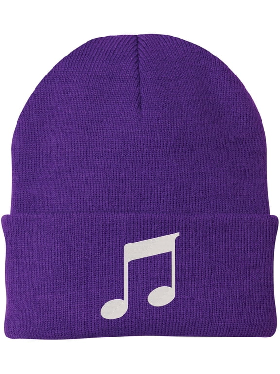 Music Note Embroidered Beanie Knit Cuffed Cap Music Lover Hat Musician Gift (Purple)