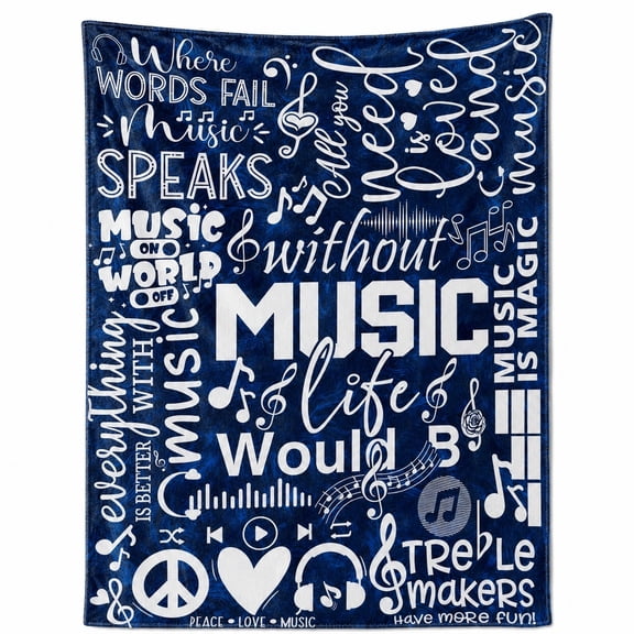 Music Note Fleece Blanket, Blue Typography Throw for Sofa or Chair