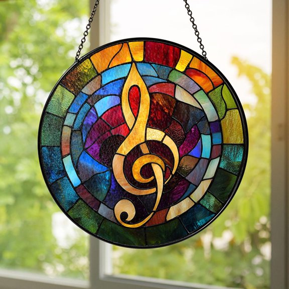Music Note Glass Suncatcher, Handmade Treble Clef Window Hanging, Colorful Musician Home Décor, 3.5 in