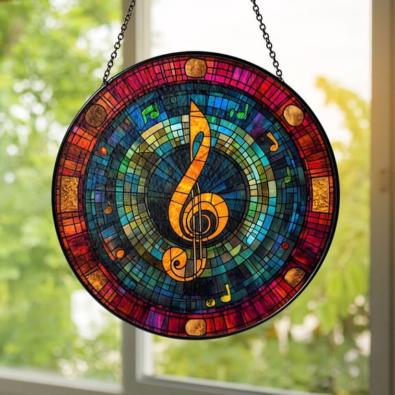 Music Note Glass Suncatcher, Treble Clef Window Hanging, Musical Artist Decor, 6.3 in