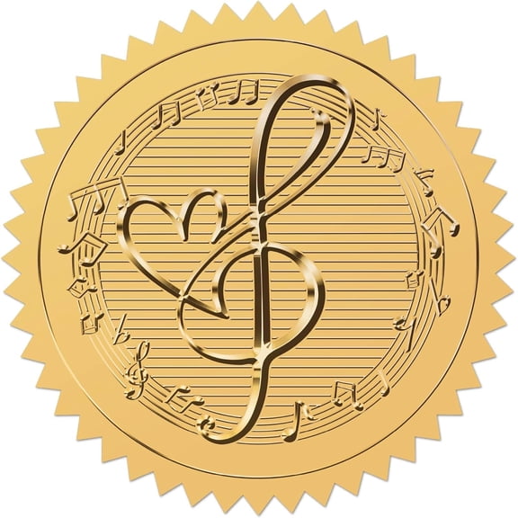Music Note Heart Gold Foil Embossed Certificates Stickers 2" Self Adhesive Envelopes Seals Round Labels for Award Wedding Invitation Graduation Corporate Diplomas Gift Wrapping Decor for DIY