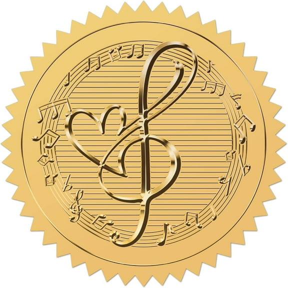 Music Note Heart Gold Foil Embossed Certificates Stickers 2" Self Adhesive Envelopes Seals Round Labels