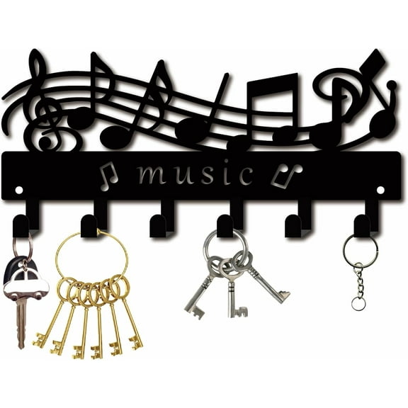 Music Note Key Holder Coat Hook Wall Mount Black Metal Decorative Wall Rack with Musical Note Design Hat Towel Hanger Organizer Wall Art Decor with 6 Hooks