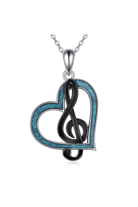 Music Note Necklace 925 Sterling Silver Treble Clef Heart Pendant for Women Turquoise Jewelry Gift