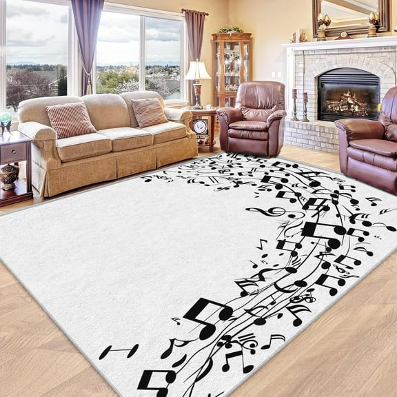 Music Note Rug, Washable Musical Rugs For Living Room Bedroom, Black And White Area Rug For Home Decor, Non Slip Backing Floor Carpet 4x6ft