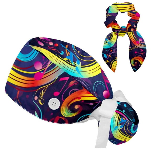 Music Note Scrub Cap with Scrunchy and Buttons for Long Hair, Adjustable Working Hat Ponytail Hats for Women