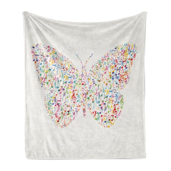 Music Note Soft Flannel Fleece Throw Blanket, Creative Butterfly Shape Formed with Energetic Music Notes Skillful Design, Cozy Plush for Indoor and Outdoor Use, 50" x 60", Multicolor, by Ambesonne