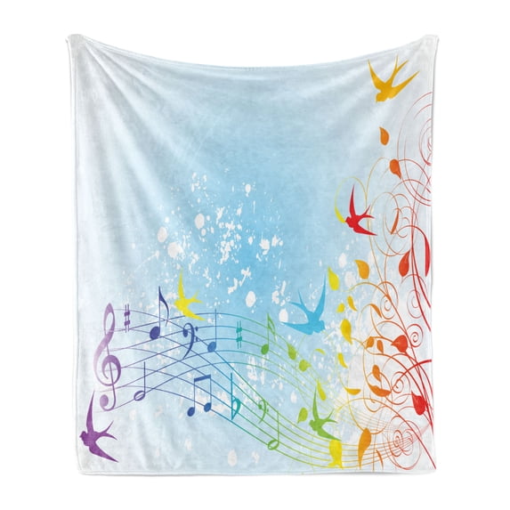 Music Note Soft Flannel Fleece Throw Blanket, Illustration of Spring Scene with Flourishes Birds and Paint Blots, Cozy Plush for Indoor and Outdoor Use, 50" x 70", Multicolor, by Ambesonne