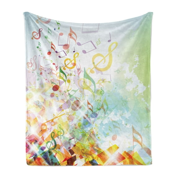 Music Note Soft Flannel Fleece Throw Blanket, Pattern of Colorful Shattered Elements Geometric Details and Notations, Cozy Plush for Indoor and Outdoor Use, 50" x 60", Multicolor, by Ambesonne