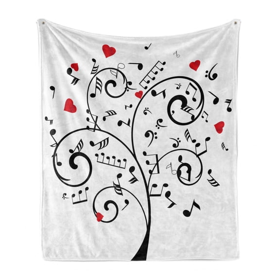 Music Note Soft Flannel Fleece Throw Blanket, Romantic Tree with Hearts and Musical Details, Cozy Plush for Indoor and Outdoor Use, 70" x 90", Dark Pink Charcoal Grey, by Ambesonne
