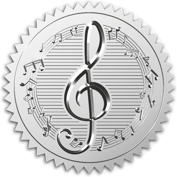 Music Note Stickers Silver Certificate Seals 5" 100pcs Foil Embossed Envelope Wedding Self Adhesive Vintage Round Label for Invitation Medal Card Diplomas Awards Graduation Office