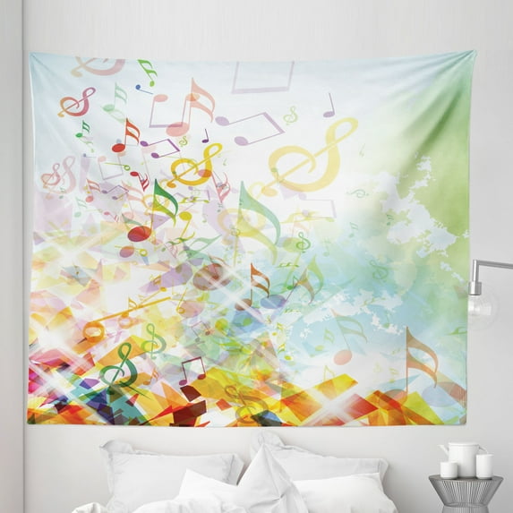 Music Note Tapestry, Pattern of Colorful Shattered Elements Geometric Details and Notations, Fabric Wall Hanging Decor for Bedroom Living Room Dorm, 5 Sizes, Multicolor, by Ambesonne
