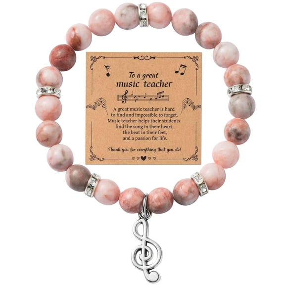 Music Note Teacher Bracelet - Pink Zebra Bead Bracelet Music Themed Jewelry for Teachers, Musicians and Music Lovers