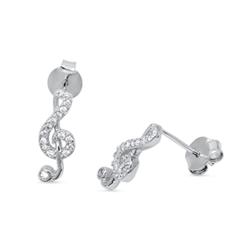 Music Note Treble Clef Earrings Clear Cubic Zirconia .925 Sterling Silver Jewelry Female Unisex