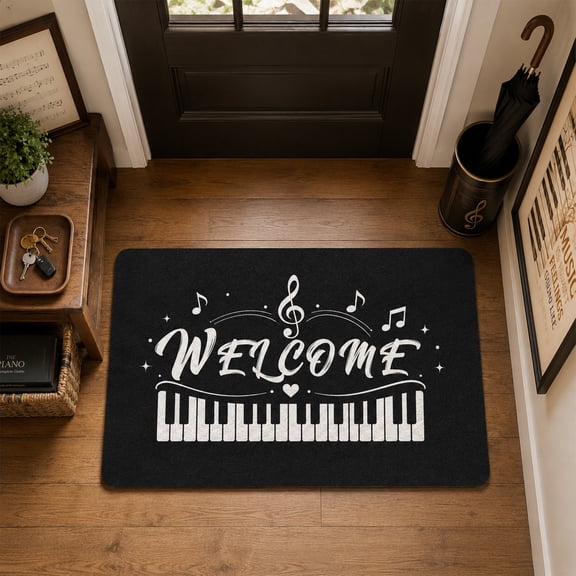 Music Note Welcome Diatomaceous Earth Bath Mat, Non-Slip Absorbent Quick Dry Floor Rug, Black & White Piano Keyboard Print Floor Mat, Soft Skin-Friendly Shower Mat for Home Decor, 2 Size Optional