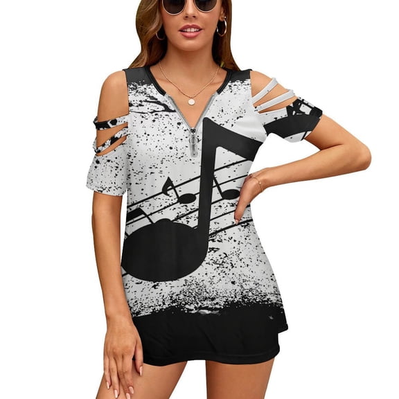 Music Note Womens Summer V Neck Zipper Top Short Sleeve T Shirt Off Shoulder Top Casual Classy Loose Shirts