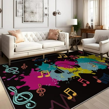 Music Notes Area Rug Colorful Graffiti Playroom Low Pile Rugs Black Washable Carpet Non Slip For Bedroom Living Room Dining Room-5' × 7'