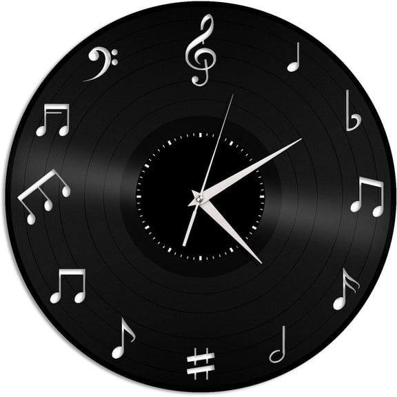 Music Notes Circle Vinyl Wall Clock,Vinyl Record Clock Wall Art Black Handmade Art Home Decorations Art Unique Gift idea