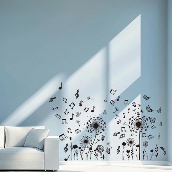 Music Notes Dandelion Wall Flower Wall Decal Large Size Black Flowers Music Musical Notes Butterflies Plants Home Art Mural Floral Vinyl