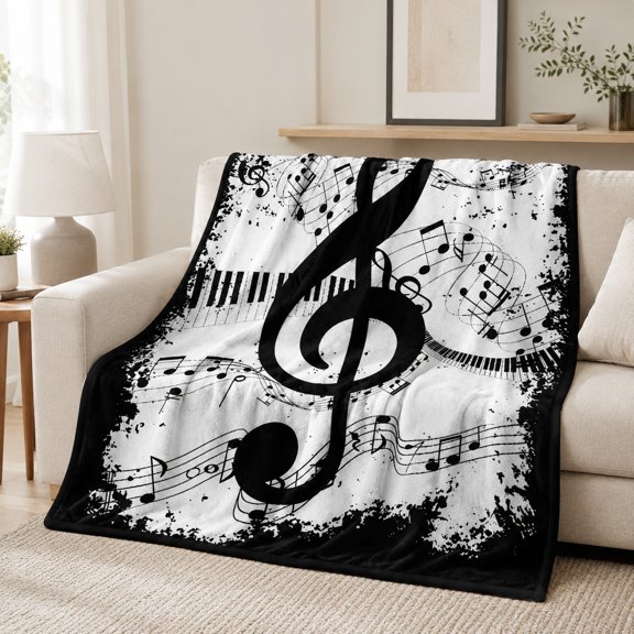 Music Notes Fleece Blanket, Black and White Polyester Throw, 280 GSM