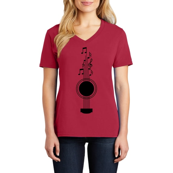 Music Notes Guitar Ladies Big Size Core Cotton V neck T-Shirt - Red 2XL