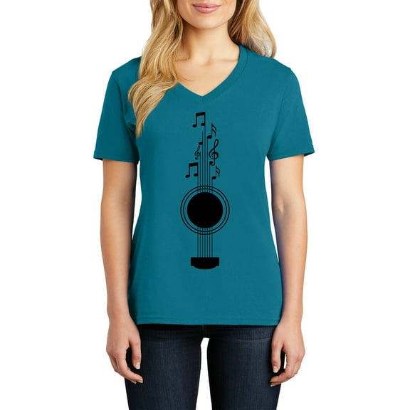Music Notes Guitar Ladies Big Size Core Cotton V neck T-Shirt - Teal XL
