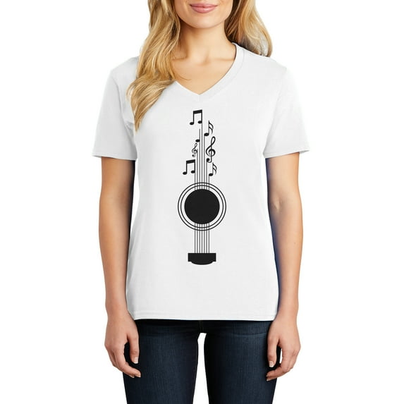 Music Notes Guitar Ladies Big Size Core Cotton V neck T-Shirt - White XL