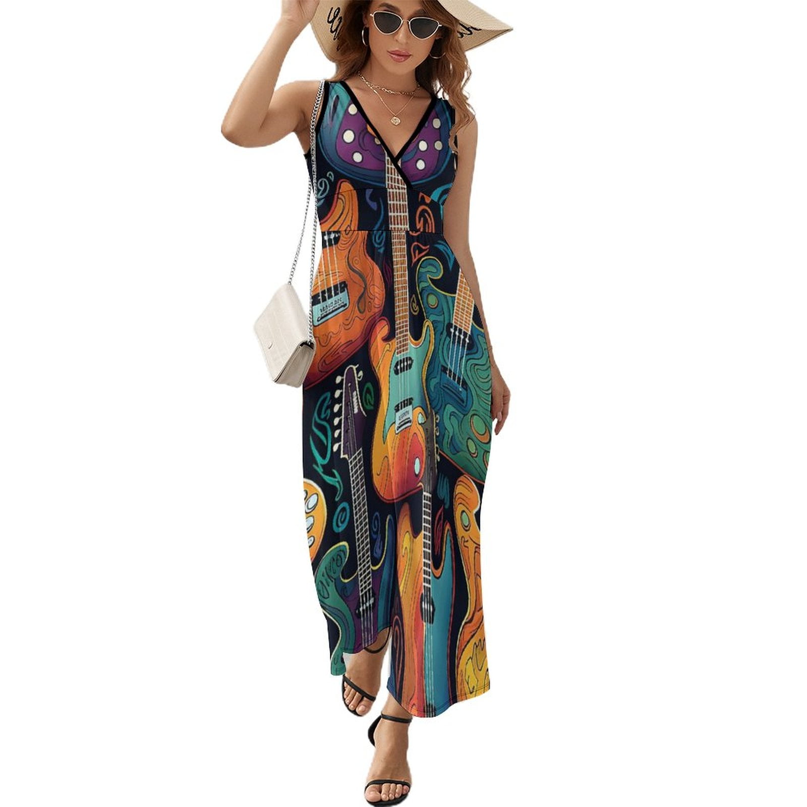 Music Notes Guitars Dress Night Club Maxi Dress V Neck Custom Boho ...