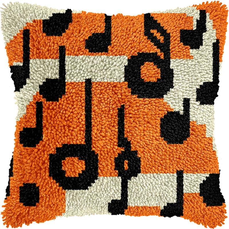 Music Notes Latch Hook Pillow Kits Cushion Pillowcase with Pattern Printed Canvas Sofa Hooking Pillows Crafts Embroidery Latch Hooking Crochet Kits 17x17 inch(131)