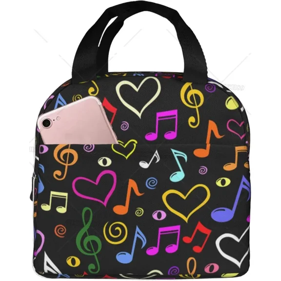 Music Notes Love Hearts Colorful Lunch Bag Insulated Lunch Box for Women Men Reusable Lunch Cooler Bag for Office Picnic