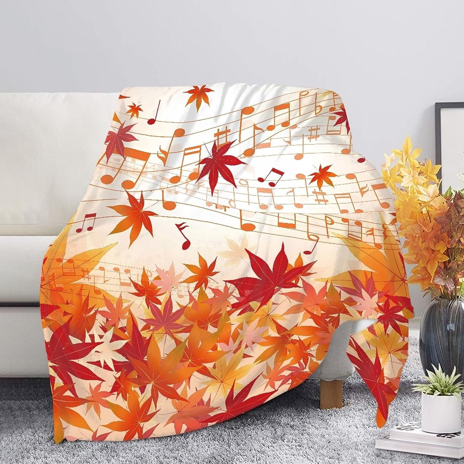 Music Notes and Maple Leaf Print Throw Blanket for Couch Sofa Chair Bed