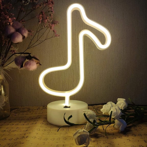Music Notes Neon Lights with Base Warm White Decor Neon Sign Led Music Notes Night Light Wall Table Decor Battery Operated Creative Lighting Lamp Home Decoration Party Best Gift for Kids