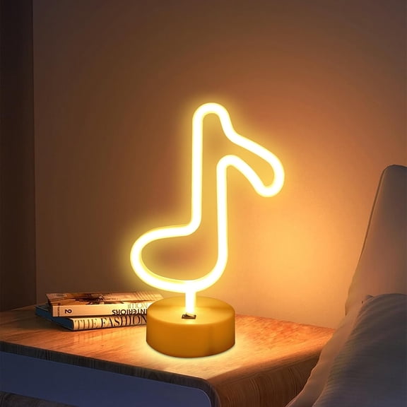 Music Notes Neon Lights with Base Warm White Decor Neon Sign Led Music Notes Night Light Wall Table Decor Battery Operated Creative Lighting Lamp Home Decoration Party Best Gift for Kids