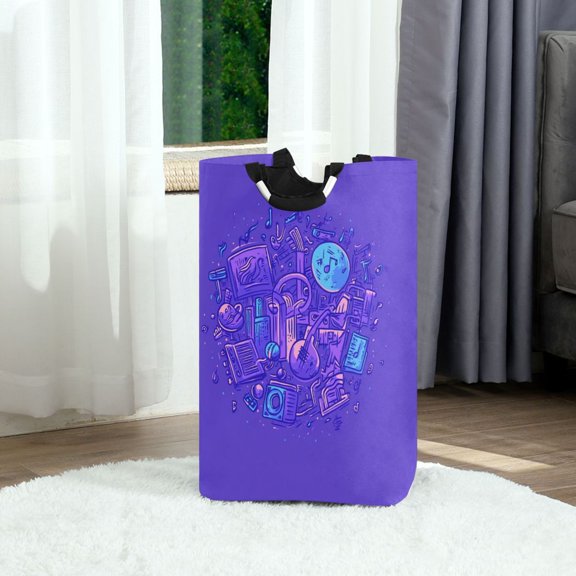 Music Notes Pattern Foldable Laundry Hamper 12.6x11x22.7in with Handles for Bathroom Bedroom Storage