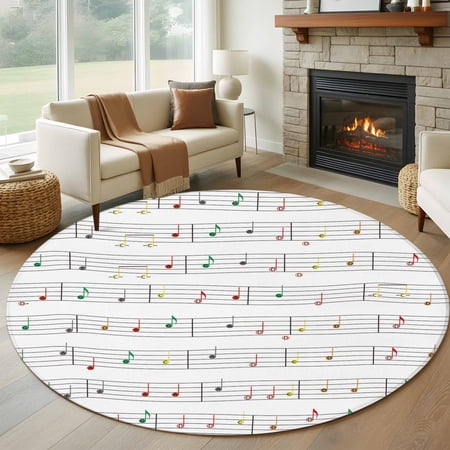 Music Notes,Round Area Rug 7 FT,Non Slip Living Room Area Carpet,Modern Abstract Minimalistic Geometric Stripes Washable Soft Circular Rug Floor Carpet for Bedside Office Play Room Classroom